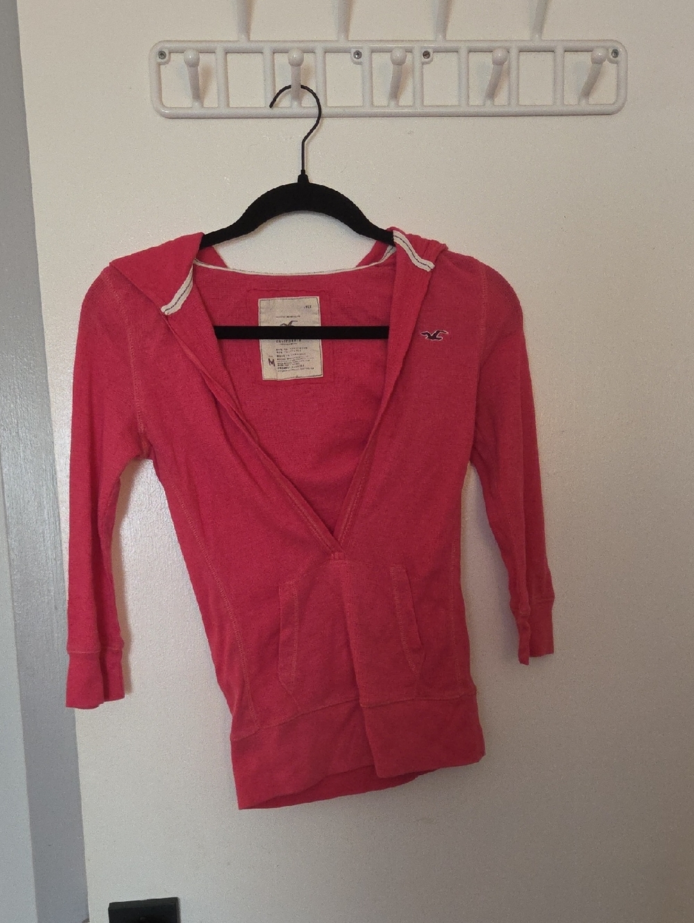 VTG Hollister Coral Pink Waffle Knit Deep V-Neck Pullover Hoodie Size M